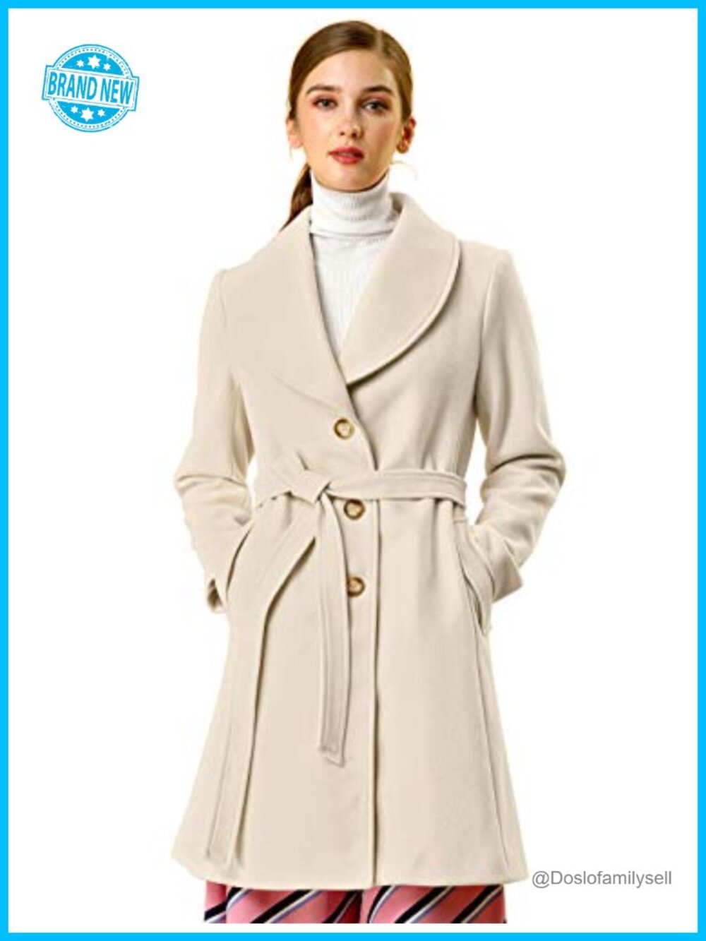 Womens Winter Pea Coat Shawl Collar Belted Long Overcoat